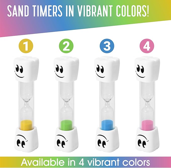 TeaherFav 2 Minute Toothbrush Sand Timer for Kids -Set of 4 Small Blue, Pink, Yellow and Green Smiley Hour Glass