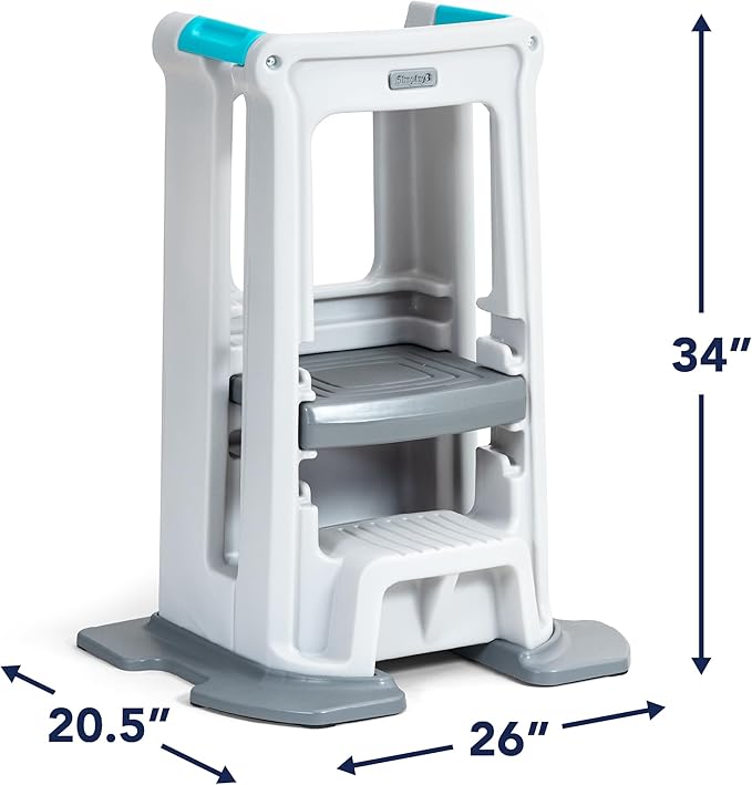 Simplay3 Toddler Tower Montessori Standing Kitchen Step Stool with Sturdy Stabilizing Base and Adjustable Platform, 20.5" D x 26" W x 34.5" H, Ages 18 Months to 5 Years, White