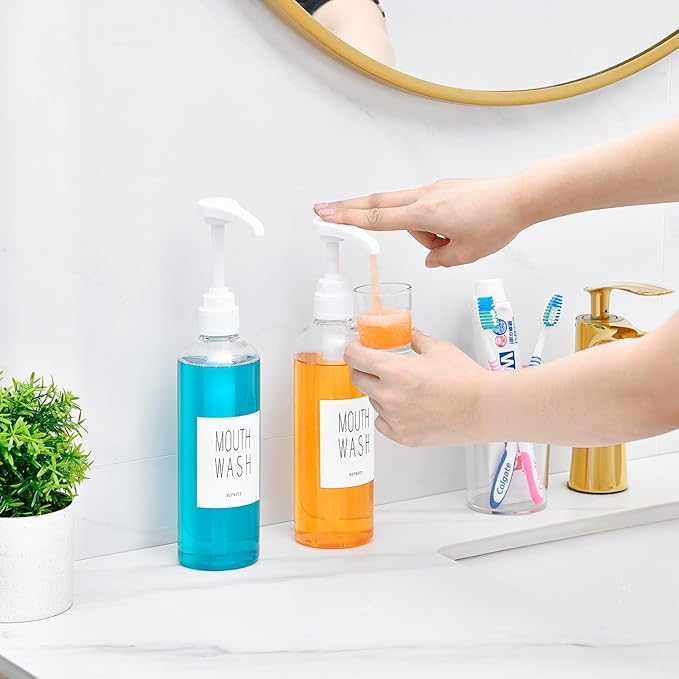 VITVITI Plastic Mouthwash Dispenser for Bathroom, 17 OZ Pump Mouth Wash Container Bottle with Cup, Clear Refillable Mouthwash Dispenser with Labels, Set of 2