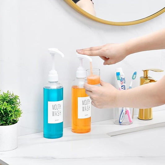 VITVITI Plastic Mouthwash Dispenser for Bathroom, 17 OZ Pump Mouth Wash Container Bottle with Cup, Clear Refillable Mouthwash Dispenser with Labels, Set of 2