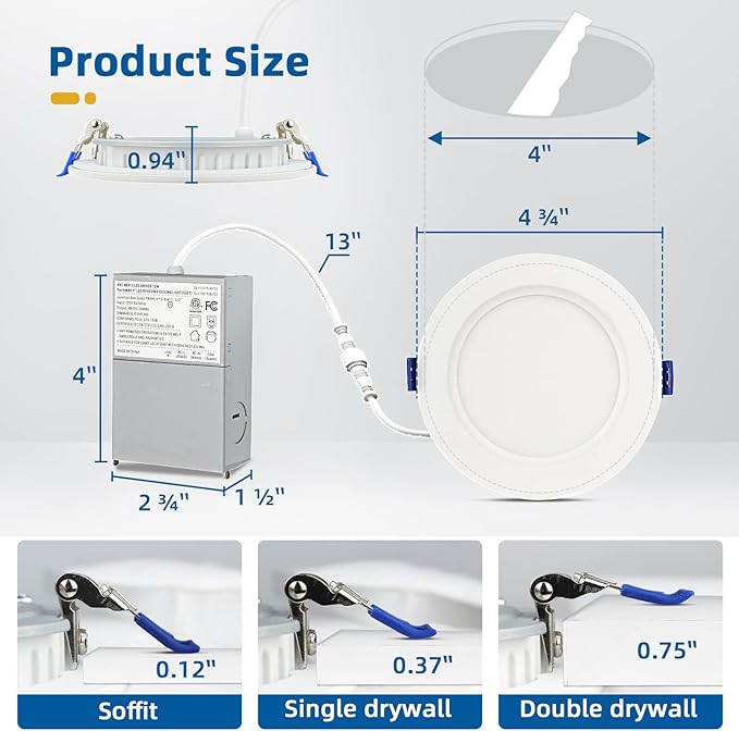 12 Pack Recessed Lighting 4 inch, 5000K Ultra-Thin LED Canless Recessed Lighting, Retrofit Dimmable Recessed Lights, 1200LM 12W=150W Wafer Lights - ETL & Energy Star Certified