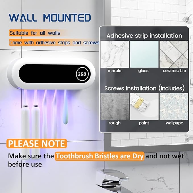 MIMORE Toothbrush Holder, 5 Toothbrush Slots & Timer Function, Cordless Wall Mounted Toothbrush Holders for Bathrooms
