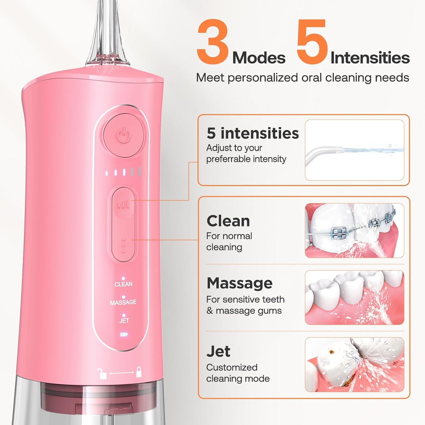 Bitvae Water Dental Flosser Teeth Picks - Cordless Portable Oral Irrigator, 5 Modes Sonic Electric Toothbrush with 3 Modes & 5 intensities Water Teeth Cleaner Combo, Quartz Pink