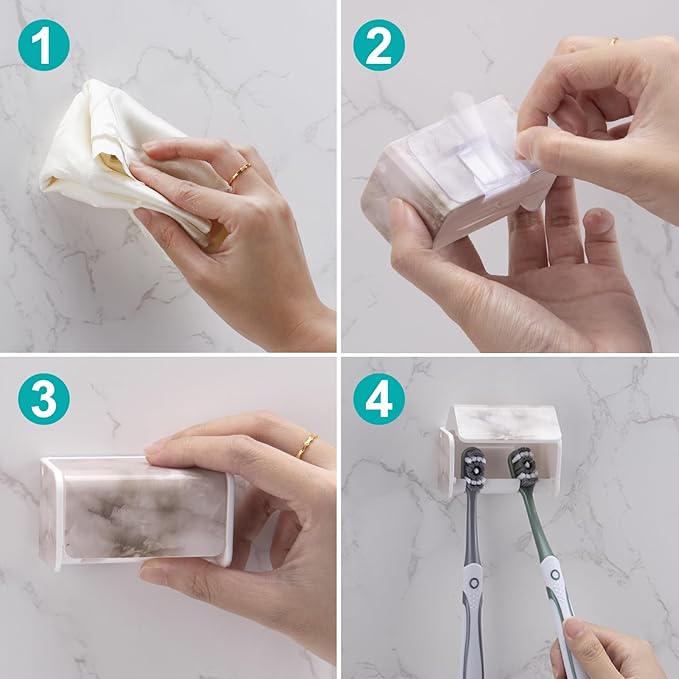 Toothbrush Holders Wall Mounted with Cover, Electric Tooth Brushing Holder for Bathroom, 2 Slots Self Adhesive Toothbrush Organizer, Toothbrush Stand for Family, Kids (1, White Marble)