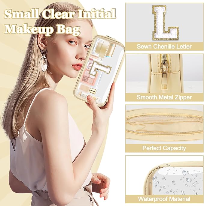 Small Clear Personalized Initial Makeup Bag,Nylon Preppy A-Z Chenille Letter Patch Cosmetic Pouch Beach Toiletry Bag,Waterproof Zipper Travel Purse Storage Bag Organizer for Women Girls(Beige-White L)