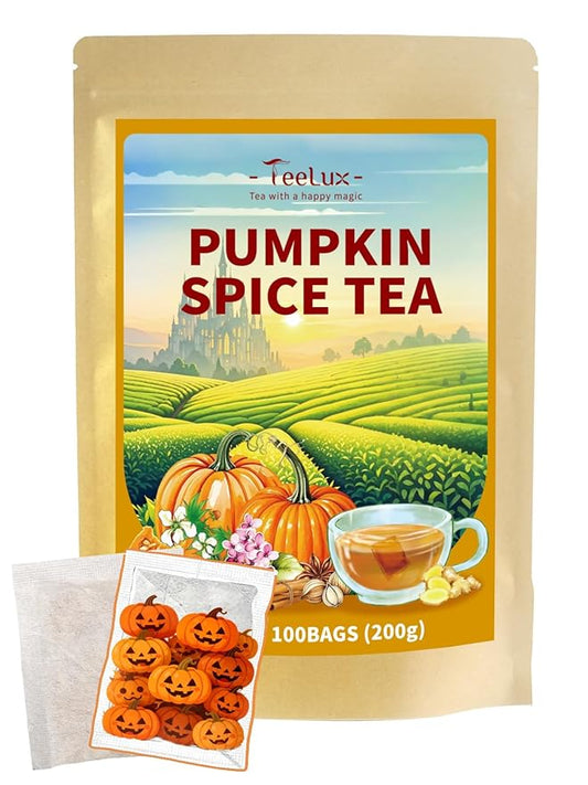 TeeLux Pumpkin Spice Black Tea Bags, Mellow Black Tea with Cinnamon, Cloves, Ginger & Creamy Pumpkin Flavor, Warm & Aromatic, 100 Count