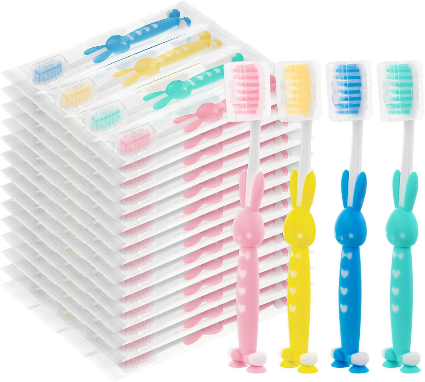 Kids for Toothbrushes In Bulk, Individually Wrapped Toothbrush Cute Manual Soft Bristles Children Disposable Toothbrush With Cover Suction Cup Toddler Toiletries Set for Home/School/Travel (100 Pack)