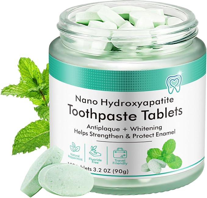 Toothpaste Tablets, Natural Peppermint Hydroxyapatite Toothpaste Tabs, Fluoride Free, Travel Friendly, 150 Tablets Mouthwash Chewable for Teeth