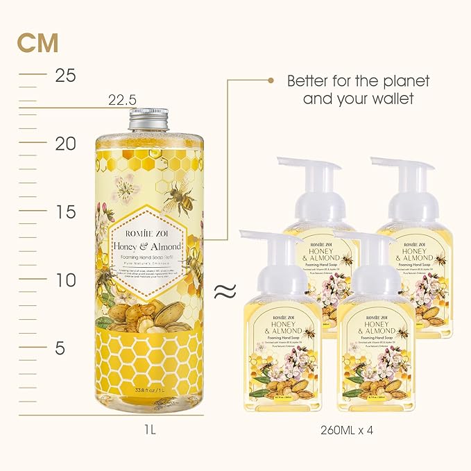 ROMIIE ZOI Foaming Hand Soap Refill- Natural Honey & Almond Fragrance Gentle & Moisturizing Formula Hand Soap Refills with Dispenser for Home & Kitchen, 1 L/ 33.8 FL OZ pack of 3