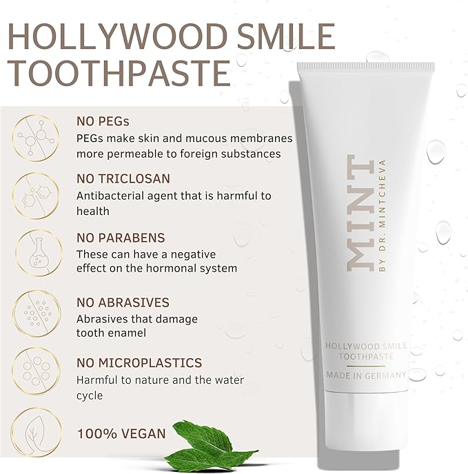 Mint Hollywood Smile Toothpaste (85 ml) - Innovative 2-Phase Formula with Whitening Booster - Fluoride-Free - MPT1 Ultra Polish Technology with Perlite - Pap Technology for Gentle Whitening - Vegan