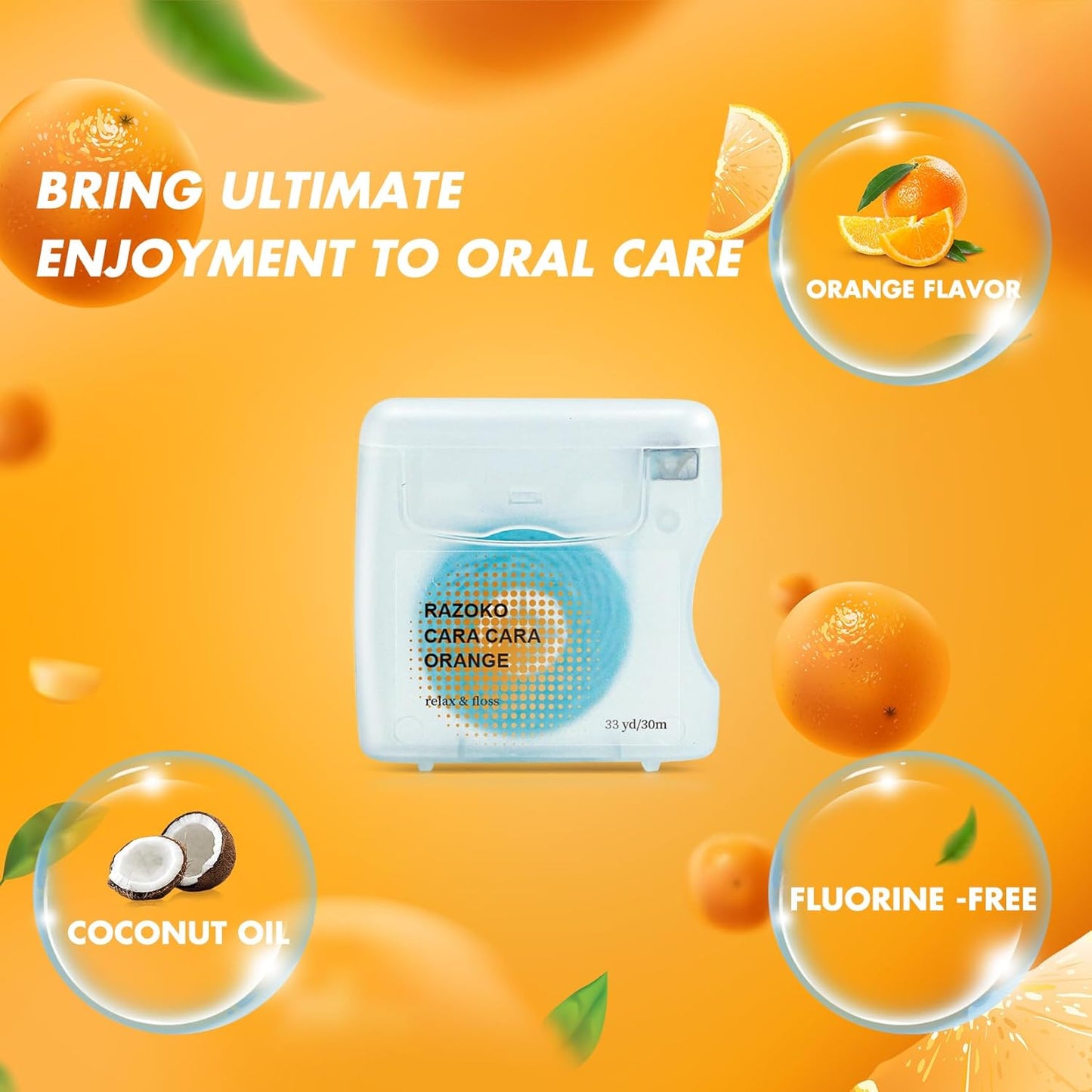 RAZOKO Coconut Oil Infused Woven Dental Floss, Vegan and Cruelty-Free, Orange Scent, 4 Month Supply (33 Yds x 2 Units)