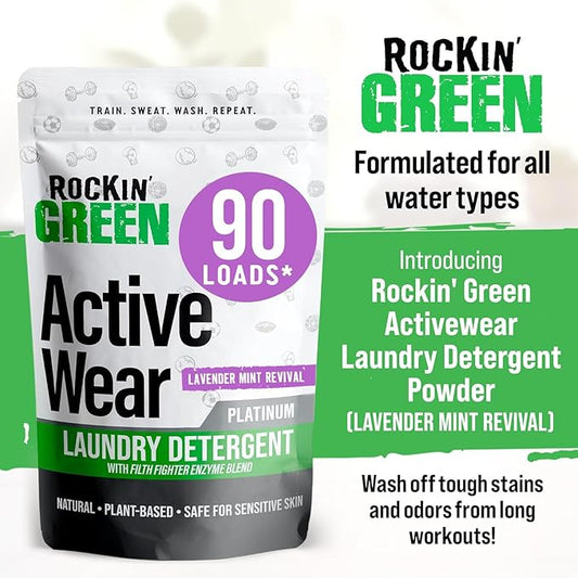 Rockin' Green Laundry Detergent, Plant based, All Natural Laundry Detergent Powder, Vegan and Biodegradable Odor Fighter, Safe for Sensitive Skin (Active Wear 90 Loads - Lavender Mint)