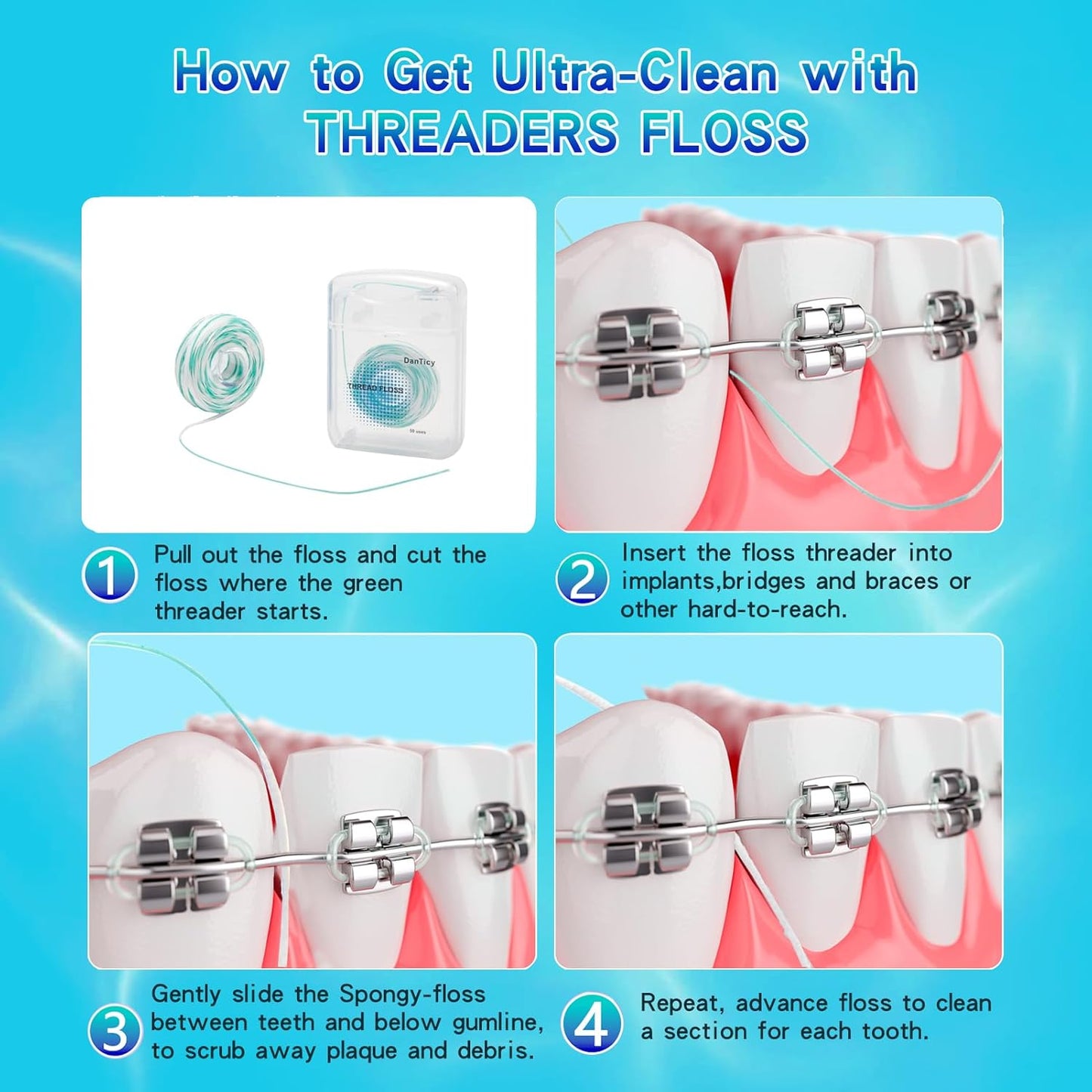 840D Fluffy Floss Threaders,Deep Clean Dental Floss for Braces, Bridges, and Implants,Super Floss, 50 Count, Pack of 1