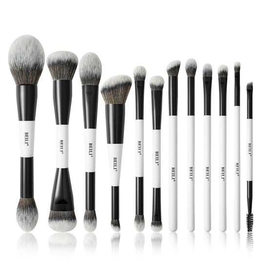 BEILI Makeup Brushes 12 Pieces 18 In 12 Double-Sided Contour Foundation Highlight Blush Brush Eyeshadow Eyeliner Concealer Brush Black and White Suitable for Travel, Gifts, Makeup Lovers