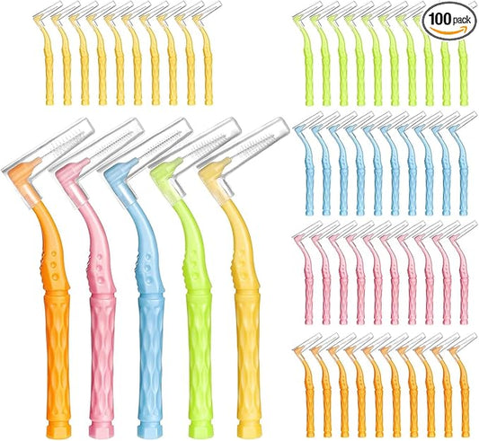 100pcs Interdental Brushes, 5 Sizes Braces Brush Set Soft Dental Brushes with Non-Slip Handle Angled Head Tooth Picks Floss Sticks Dental Floss Brushes for Braces Oral Cleaning