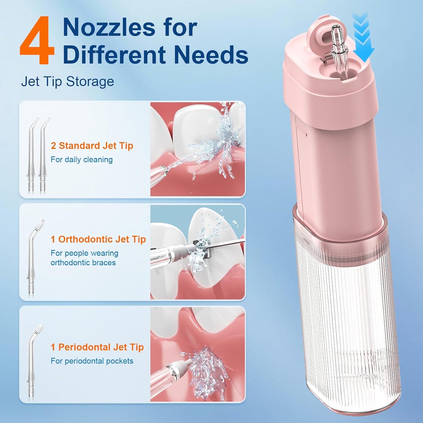 Portable Water Flosser for Teeth with Exquisite Travel Case, Cordless Rechargeable Mini Oral Irrigator with Removable Tank, IPX7 Waterproof, 4 Modes & 4 Jet Tips for Tooth Cleaning (Pink)