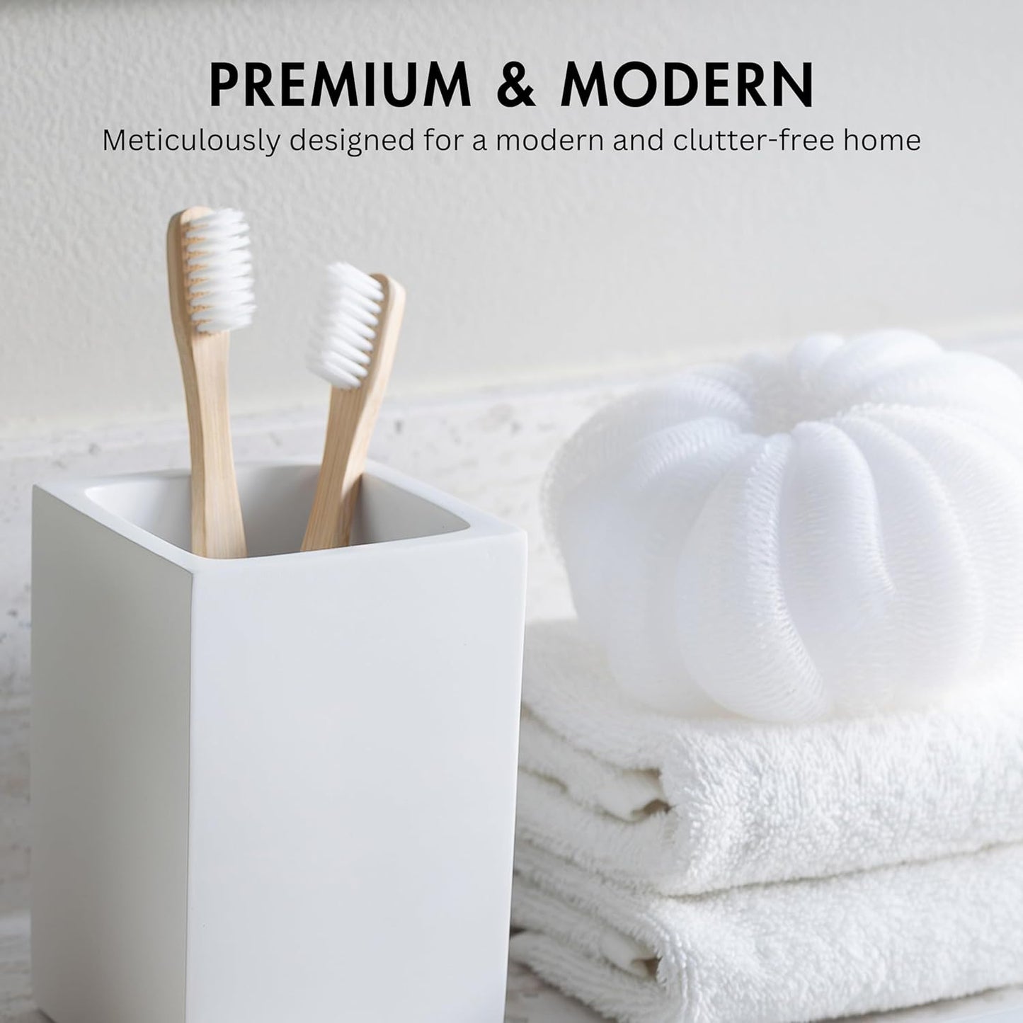 Matte White Toothbrush and Toothpaste Holder for Bathroom Vanity and Countertop, Square Organizer for Electric Toothbrushes, Floss, Razors, Cotton, and Mouthwash