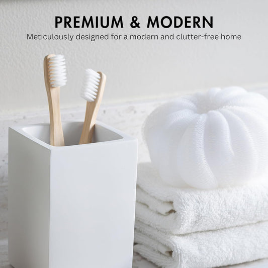 Matte White Toothbrush and Toothpaste Holder for Bathroom Vanity and Countertop, Square Organizer for Electric Toothbrushes, Floss, Razors, Cotton, and Mouthwash