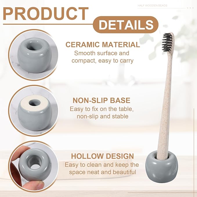 uxcell 2 Pcs Mini Ceramics Toothbrush Holder Stands, Sleek Mini Countertop Toothbrush Round Shape Ceramic Holder Stand for Bathroom Vanity Countertops, Grey