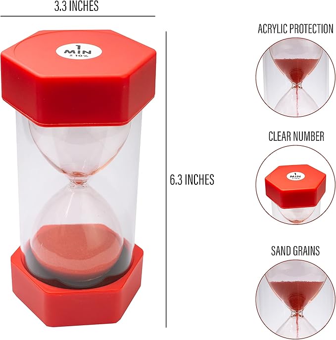 Sand Timer for Kids - 1 Minute Red - 6.3 Inches Hourglass Acrylic Covered Clock for Classroom, Home & Kids Room - Large Single Pack