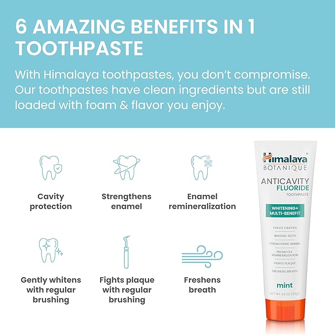 Himalaya Botanique Anticavity Fluoride Toothpaste, Fluoride with Multi-Benefit Support, Fights Cavities, Strengthens Enamel, Promotes Remineralization, Mint Flavor, 4 oz.