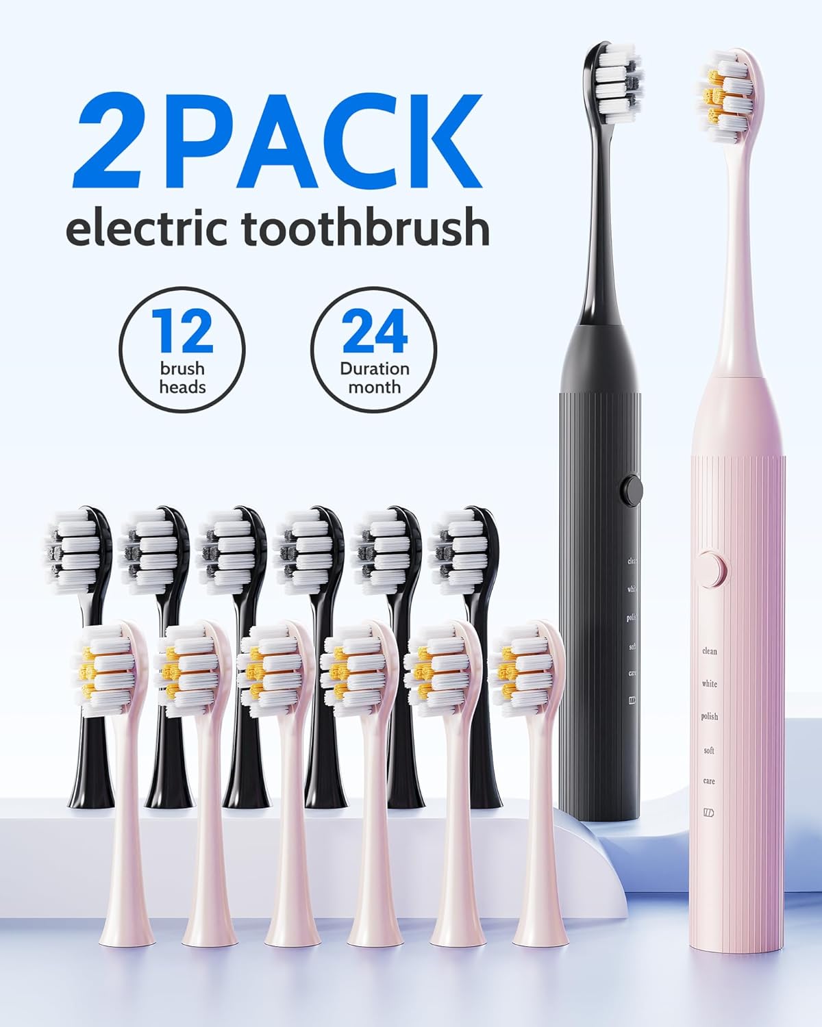 2 Pack Electric Toothbrush Set, Comes with 12 Brush Heads & 2 Electric Toothbrush,5 Modes with 2 Minutes Built in Smart Timer, One Charge for 60 Days, 38000 VPM Motor,Black and Pink.