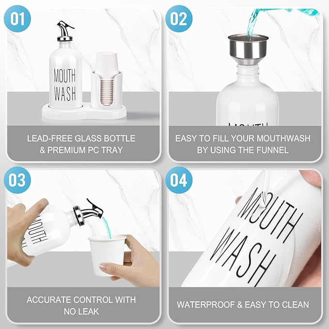 Mouthwash Dispenser for Bathroom,BYAWAY Mouthwash Dispenser with Cup Holder,14 Mouthwash Cups and Funnel,Refillable Glass Mouthwash Container (White)
