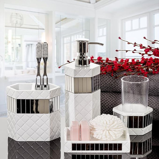 Creative Scents Quilted Mirror White Bathroom Accessories Set - Decorative 4 Piece Bathroom Set - Mirrored Bathroom Accessory Set Includes: Soap Dispenser, Toothbrush Holder, Tumbler & Soap Dish