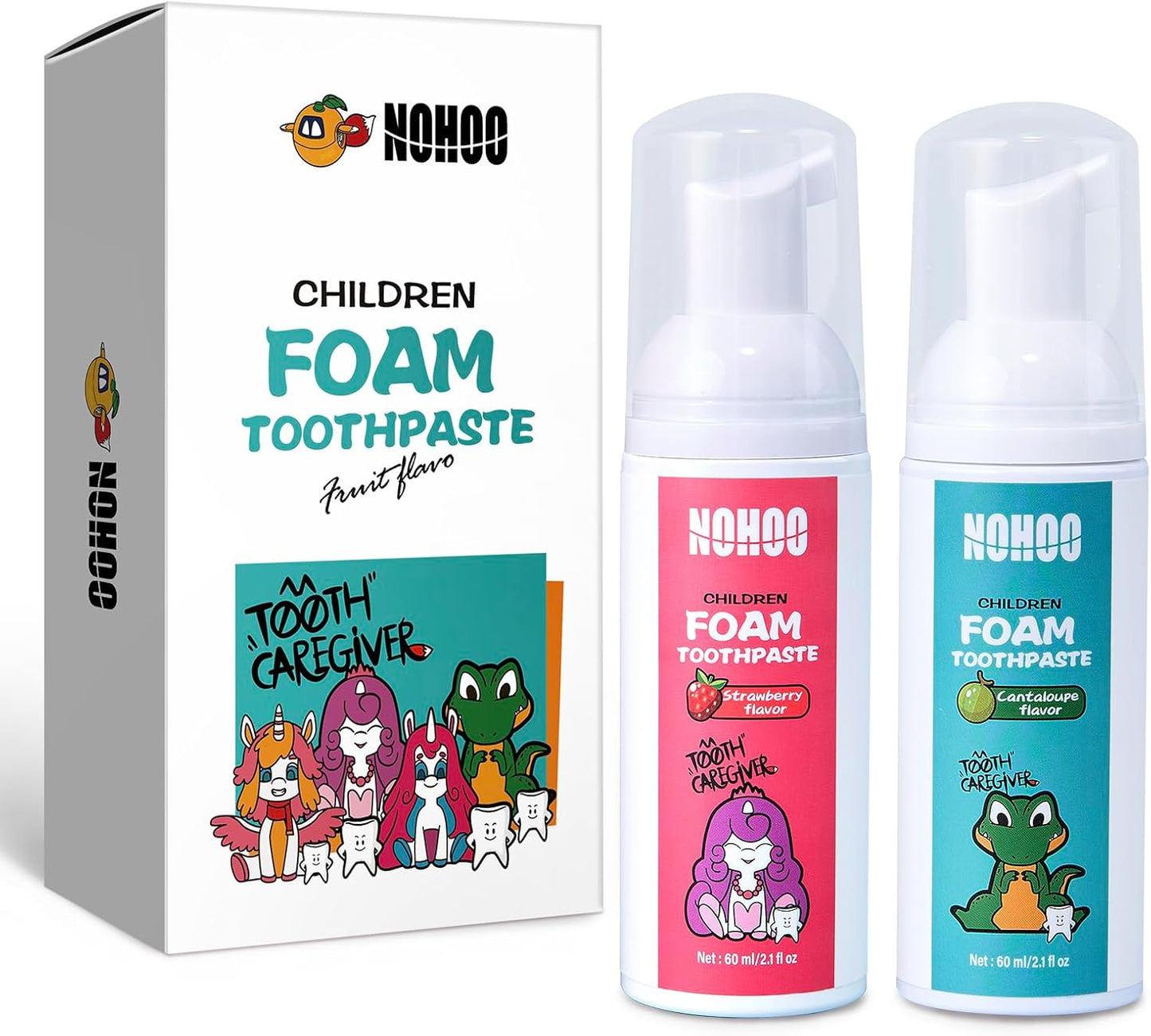 NOHOO Fluoride Free Foam Toothpaste Kids Fruit Flavour,Natural Training Toothpaste for Baby Toddler Children Oral Cleaning and Cavity Protection(Strawberry + Cantaloupe)