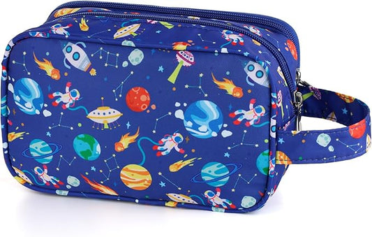 Space Kids Toiletry Bag for Boys, Travel Toiletry Bag for Little Young Boys Waterproof Hanging Wash Bag Toddler Traveling Toiletries, Blue