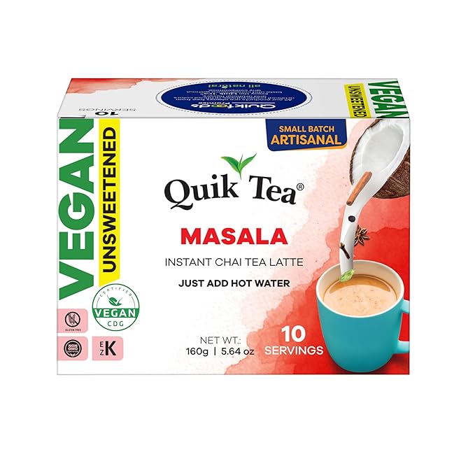 QuikTea Vegan Masala Unsweetened Chai Tea Latte – 10 Count, Bold Masala Flavor, Naturally Caffeine-Light, no preservatives, No Sugar Added – Just Add Hot Water