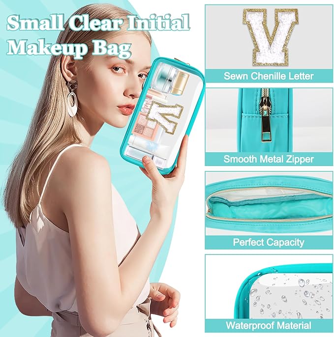 Small Clear Personalized Initial Makeup Bag, Preppy Nylon A-Z Chenille Letter Patch Makeup Organizer TSA Approved Travel Toiletry Bag,Waterproof Zip Beach Cosmetic Pouch Purse for Women(Cyan-White V)
