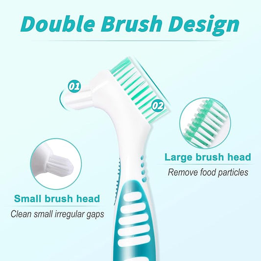 TaShow 6 Pcs Denture Brush Set for False Teeth, Denture Toothbrushes with Double Sided Design, Denture Cleaning Brush with Multi-Layered Soft Bristles and Rubber Anti-Slip Handle, 4 Colors