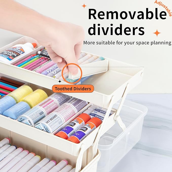 14in 3-Layer Multipurpose Craft Organizers and Storage with Adjustable Dividers, Portable Tackle Box, Folding Art & Craft Case for Medicine, Tool, Sewing Organizer (White, X-Large)