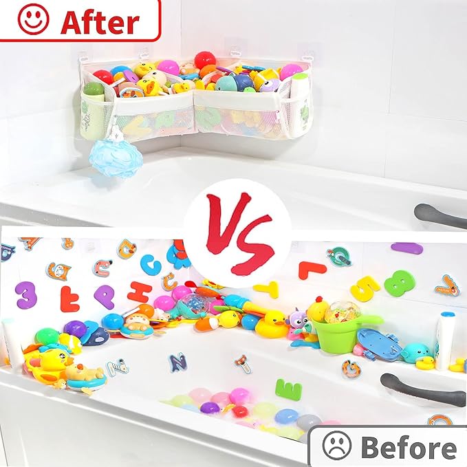 KPH bath toy storage， Say goodbye to the chaos of bath toys -3 compartments for bath toy holders keep your bathtub tidy, and bath toy organizers keep children's bath toys organized!