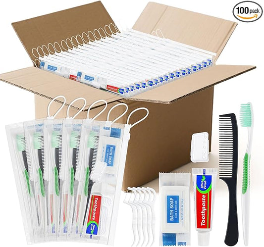 100 Set Personal Care Travel Toiletries Sets Bulk,7-in-1 Disposable Toothbrushes with Toothpaste and Floss,Comb,Soap,Cover,Zip Bag Toiletry Travel Toothbrush Kit for Homeless,Hotel,Charity