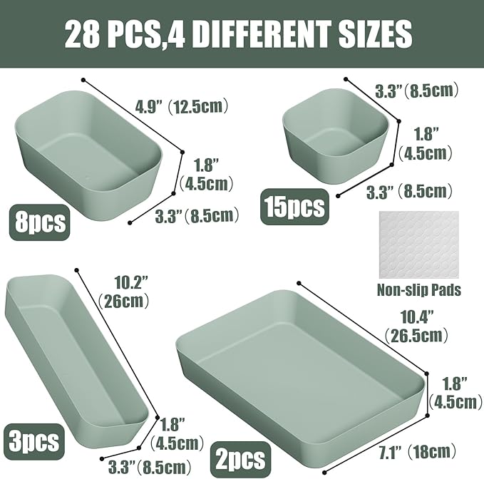 28 pcs Desk Drawer Organizer Tray, Multiple Sizes Plastic Drawer Organizer Storage, Stackable Organizer Containers For Makeup, Bedroom, Kitchen Gadgets Utensils and Office