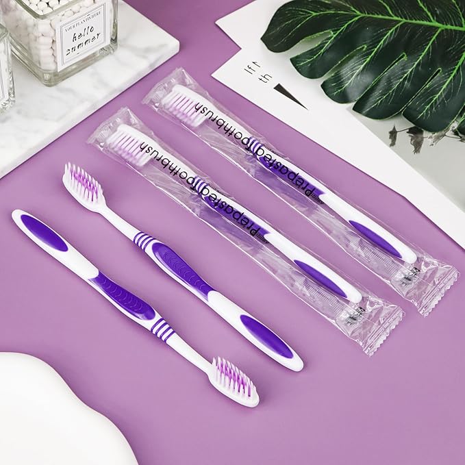 200 Prepasted Disposable Toothbrushes Individually Wrapped Pre Pasted Toothbrushes Soft Bristle Travel Tooth Brush Single Use Wrapped for Hotel, Camping, Travel and Gift for The Homeless (purple)