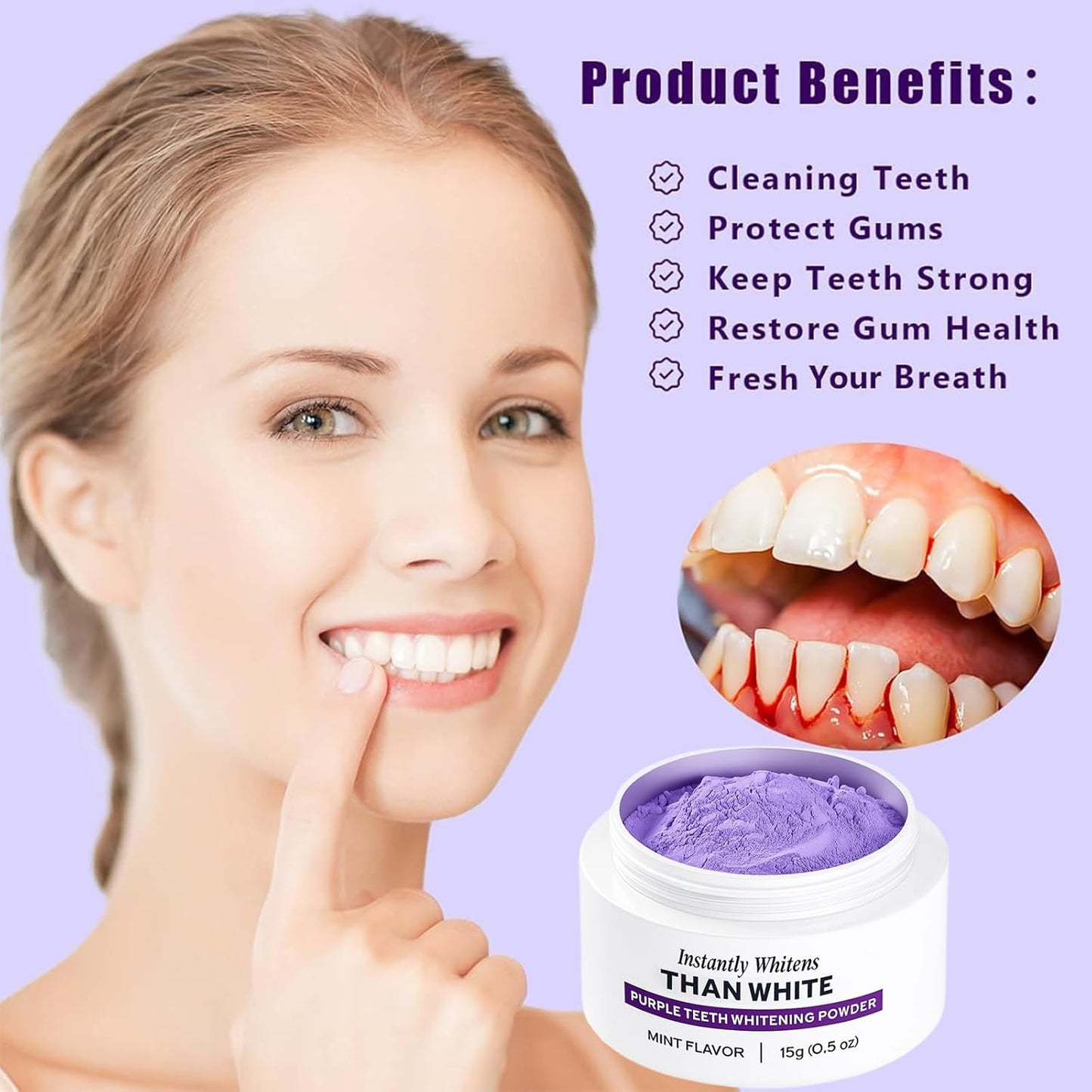 White Purple Teeth Whitening Powder - Instantly Whitens Than White, Purple Brightening Powder for Protect Gums and Freshen Breath (1)