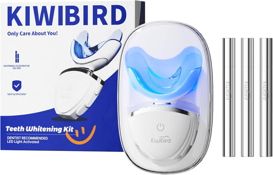 KIWIBIRD Teeth Whitening Kit for Sensitive Teeth – 3 Gel Pens, LED Light with Wireless Charging Case, IPX7 Waterproof, Enamel-Safe at-Home Dental Care Tool