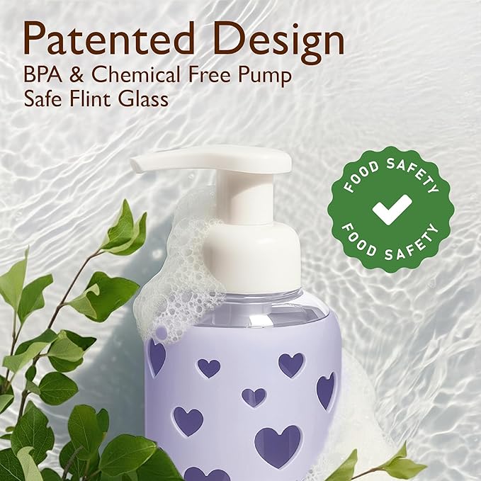 SoCal Suds & Company Glass Foaming Hand Soap Dispenser, Heart Silicone Sleeve, Refillable Pump Bottle for Kids, Baby Wash & Shampoo, Ideal for Home Use, Soft Purple 8oz