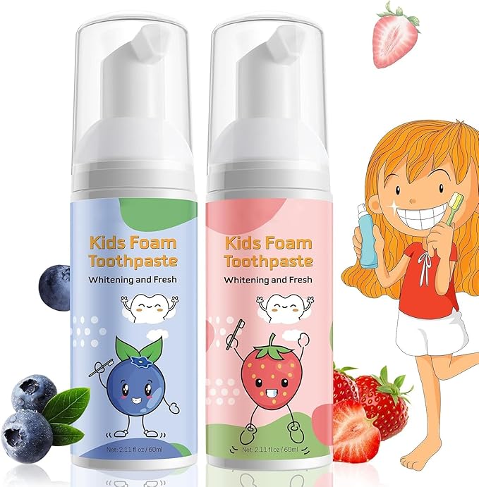 Foam Toothpaste Kids, Kids Foam Toothpaste, Toddler Toothpaste with Low Fluoride for U Shaped Toothbrush, Children Oral Cleaning for Ages 3 Plus (2PCS, Watermelon+Blueberry)