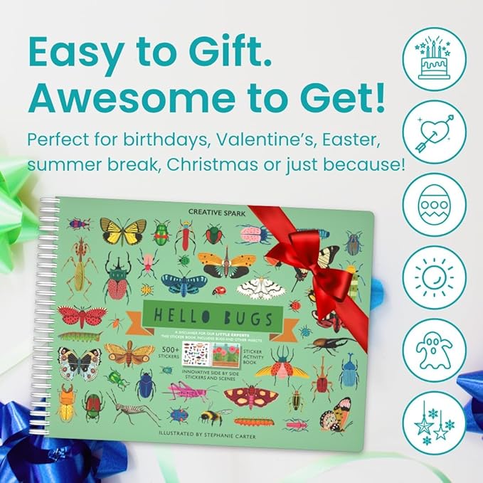 Cupkin Hello Bugs Sticker Book Activity for Kids, Toddler Airplane Travel Essentials, 500+ Bugs Stickers for Kids + 12 Scenes + 12 Coloring Book Pages, Bug Lover Gift, Children's Crafts Ages 2-8