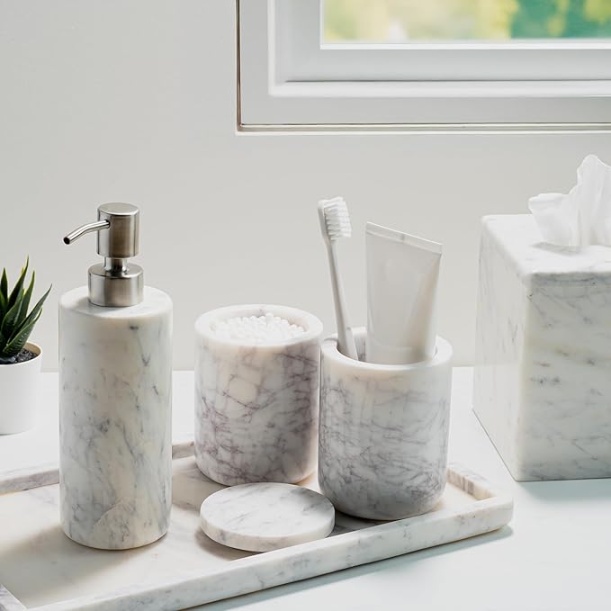 Cork & Mill Marble Toothbrush Holder Cup for Bathroom, Real White Marble Stone Bathroom Accessory, Aesthetic Decorative Countertop Organizer for Tooth Brush & Toothpaste