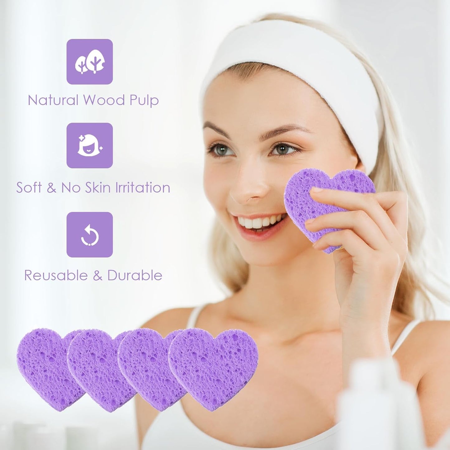 Nuenen 60 Pieces Facial Sponges with Container, Heart Shape Compressed Face Sponges Natural Cleaning Pads for Washing Face Cleaning Exfoliating Esthetician Makeup Removal(Purple)