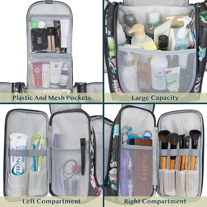 PAVILIA Extra Large Toiletry Bag Travel Bag for Women Men, Hanging Cosmetic Organizer, Water Resistant Makeup Bag for Accessories Toiletries, Travel Essentials Kit (Floral Grey)