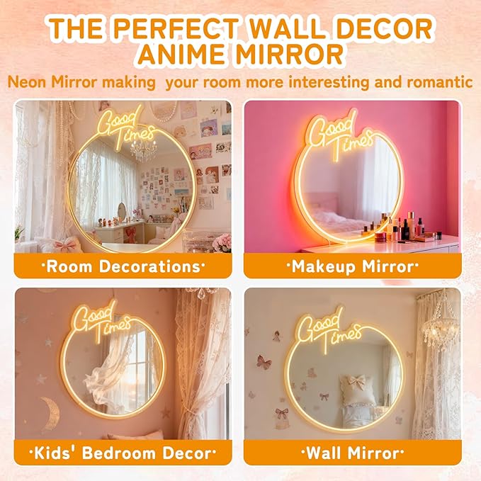 Good Times Neon Sign Mirror, Retro Dimmable Circle Wall Decor with Warm White Light, USB Powered Acrylic Mirror for Bedroom, Living Room