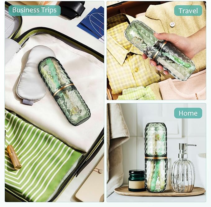 Didiseaon Travel Toothbrush Case with Cover, Green Portable Toothbrush Holder and Rinse Cup Dual Use Compact for Travel Bathroom Storage