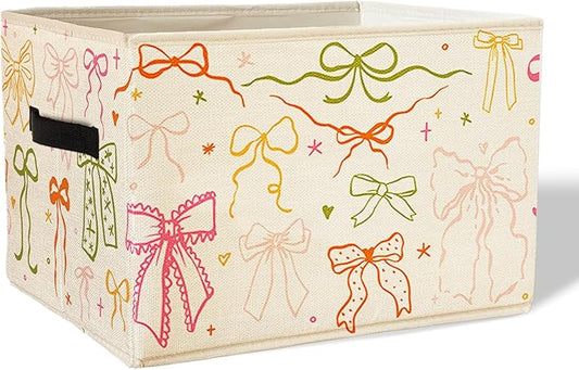 Preppy Bow Aesthetic Storage Basket Bin With Handles for Girls Kids, Preppy Bow Decor Foldable Organizer for Girls Room Nursery Bedroom Bathroom Clothes Toys Books