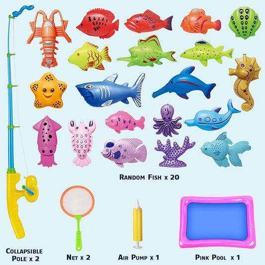 CozyBomB™ Magnetic Fishing Toys Game Set for Kids | Water Table Bathtub Kiddie Pool Party Pole Rod Net, Outdoor Plastic Floating Fish, Toddler Bath Color Ocean Sea Animals Birthday Gift Age 3-5 6 4-8